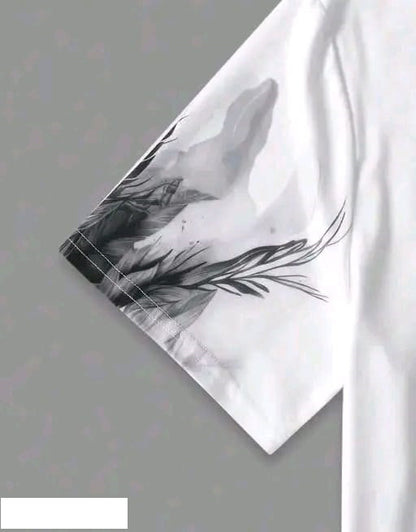 Men's and women's black casual T-shirt with printed white dog design by 6928, made from comfortable fabric.