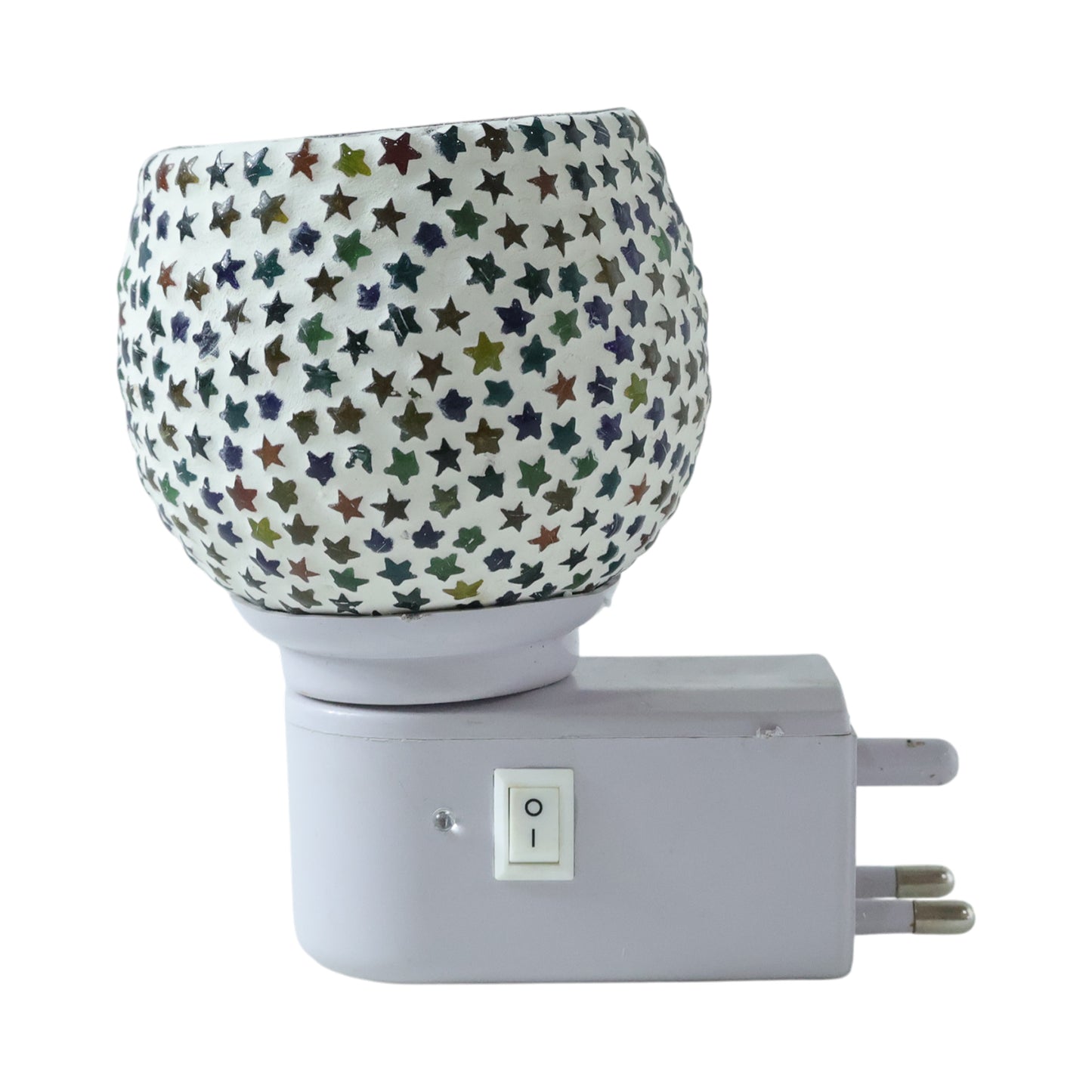 Decorative star pattern mosaic glass plug-in night lamp by Wukusy, showcasing colorful glass design and soft illumination.