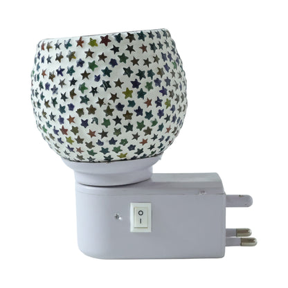 Decorative star pattern mosaic glass plug-in night lamp by Wukusy, showcasing colorful glass design and soft illumination.
