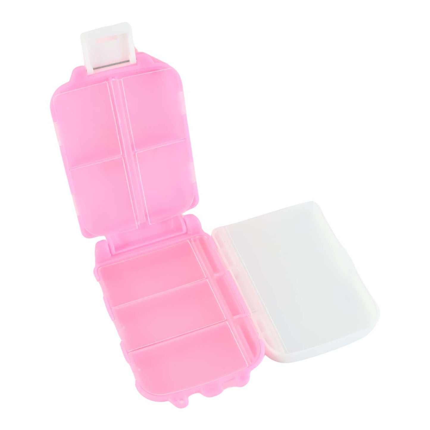 Pink dual-sided portable pill organizer box by Wukusy, compact health and beauty accessory with multiple compartments for medication storage.