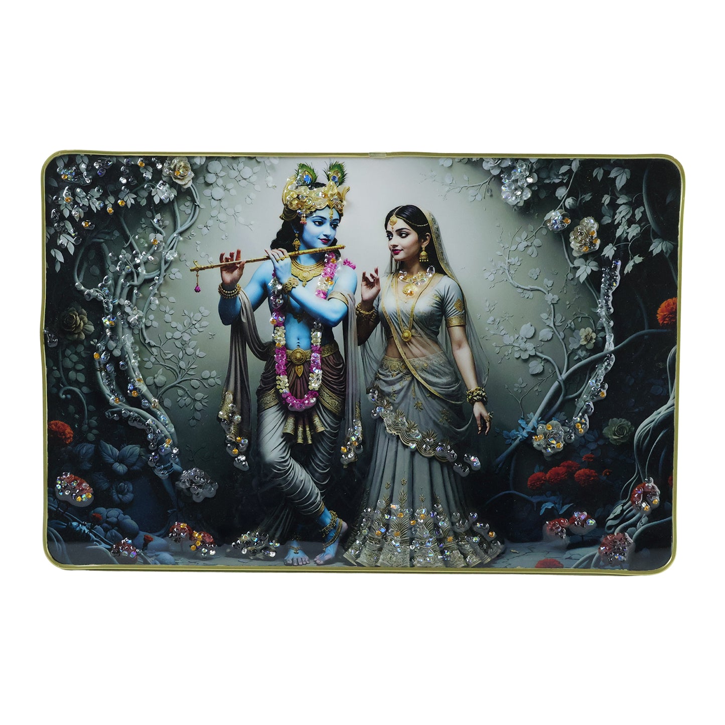 Divine Radha Krishna flute art wall frame by Wukusy, 45x30 cm, featuring intricate religious artwork in a decorative wooden frame