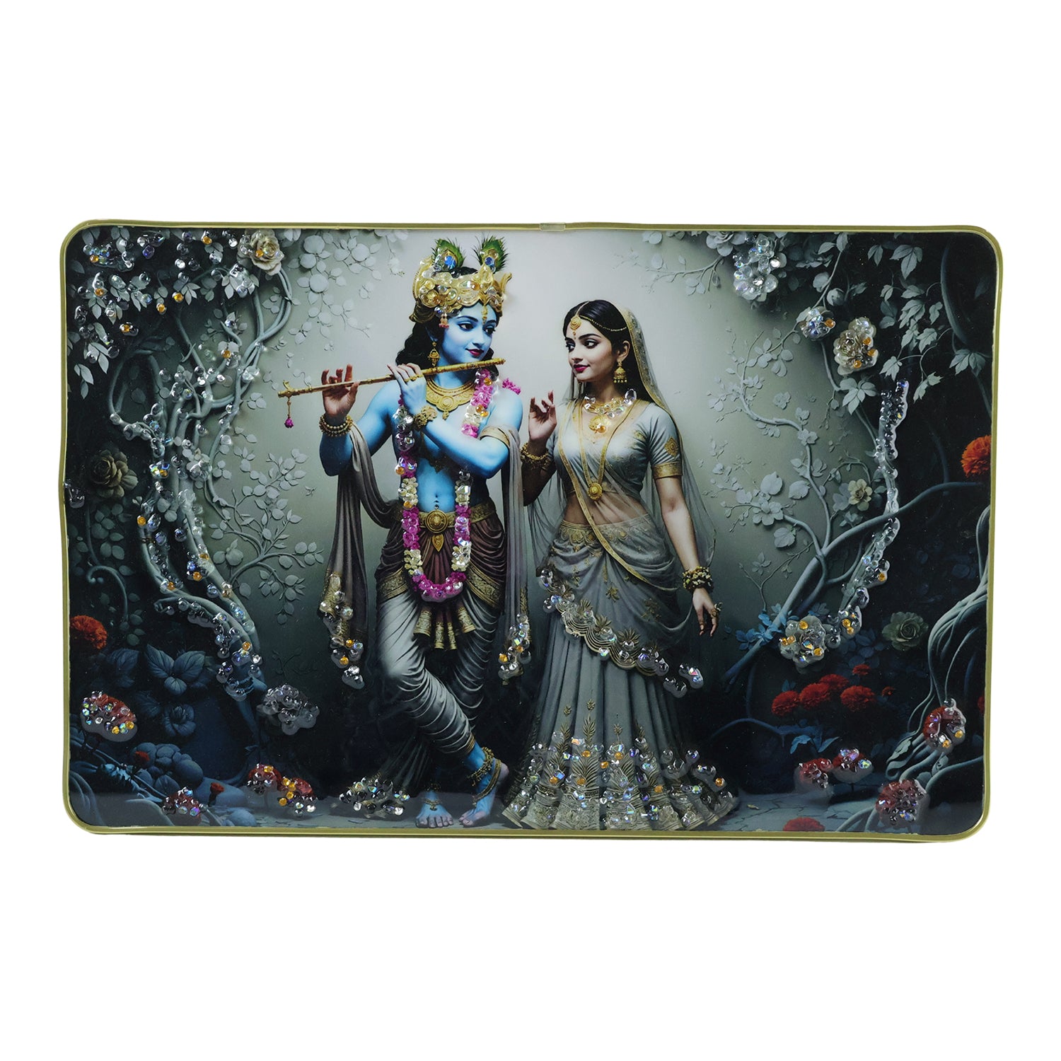 Divine Radha Krishna flute art wall frame by Wukusy, 45x30 cm, featuring intricate religious artwork in a decorative wooden frame