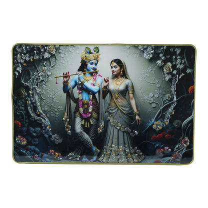 Divine Radha Krishna flute art wall frame by Wukusy, 45x30 cm, featuring intricate religious artwork in a decorative wooden frame