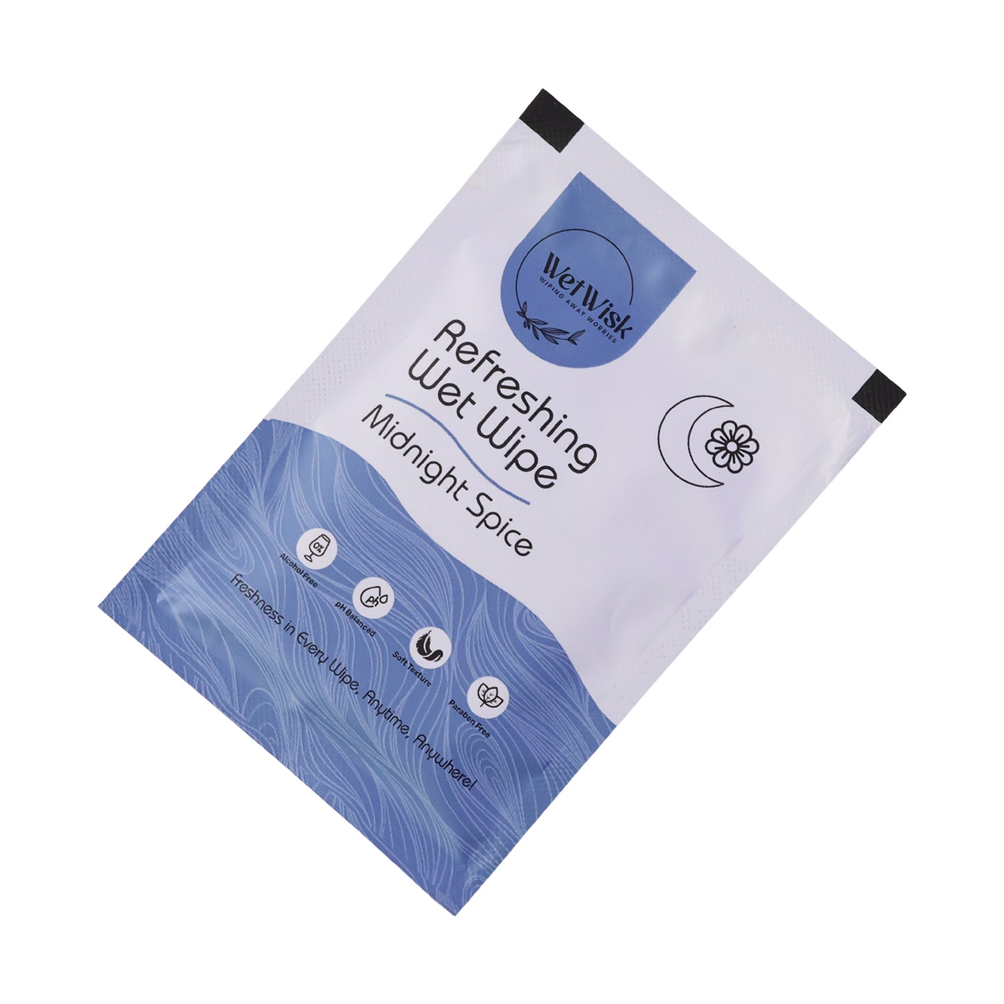 Wukusy Midnight Spice refreshing wet wipe for face, body, and hands, showing a single packet with spice-inspired design.