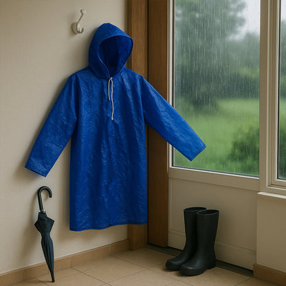 Men's large waterproof hooded raincoat by Wukusy, showing the durable raincoat with a hood and full front zipper.