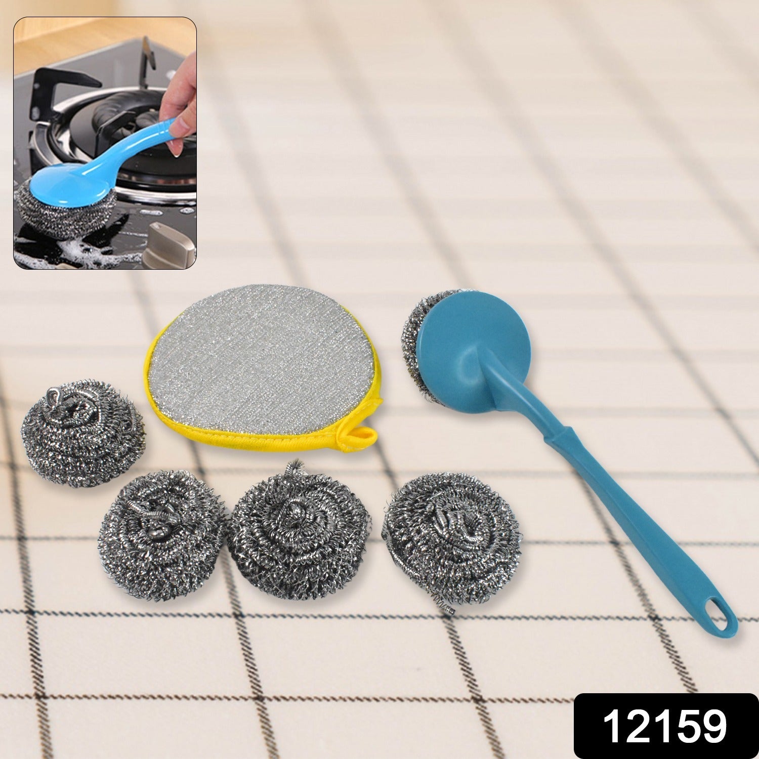 Wukusy 6-in-1 kitchen cleaning set with stainless steel scrubber, versatile brushes, and sponges for effective cookware cleaning.