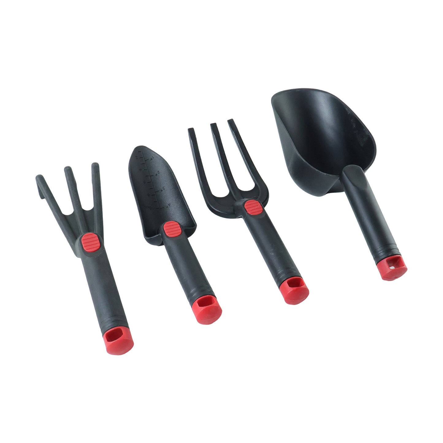 Wukusy 4-piece garden hand tool set including trowel, transplanter, weeder, and cultivator with wooden handles and metal blades.