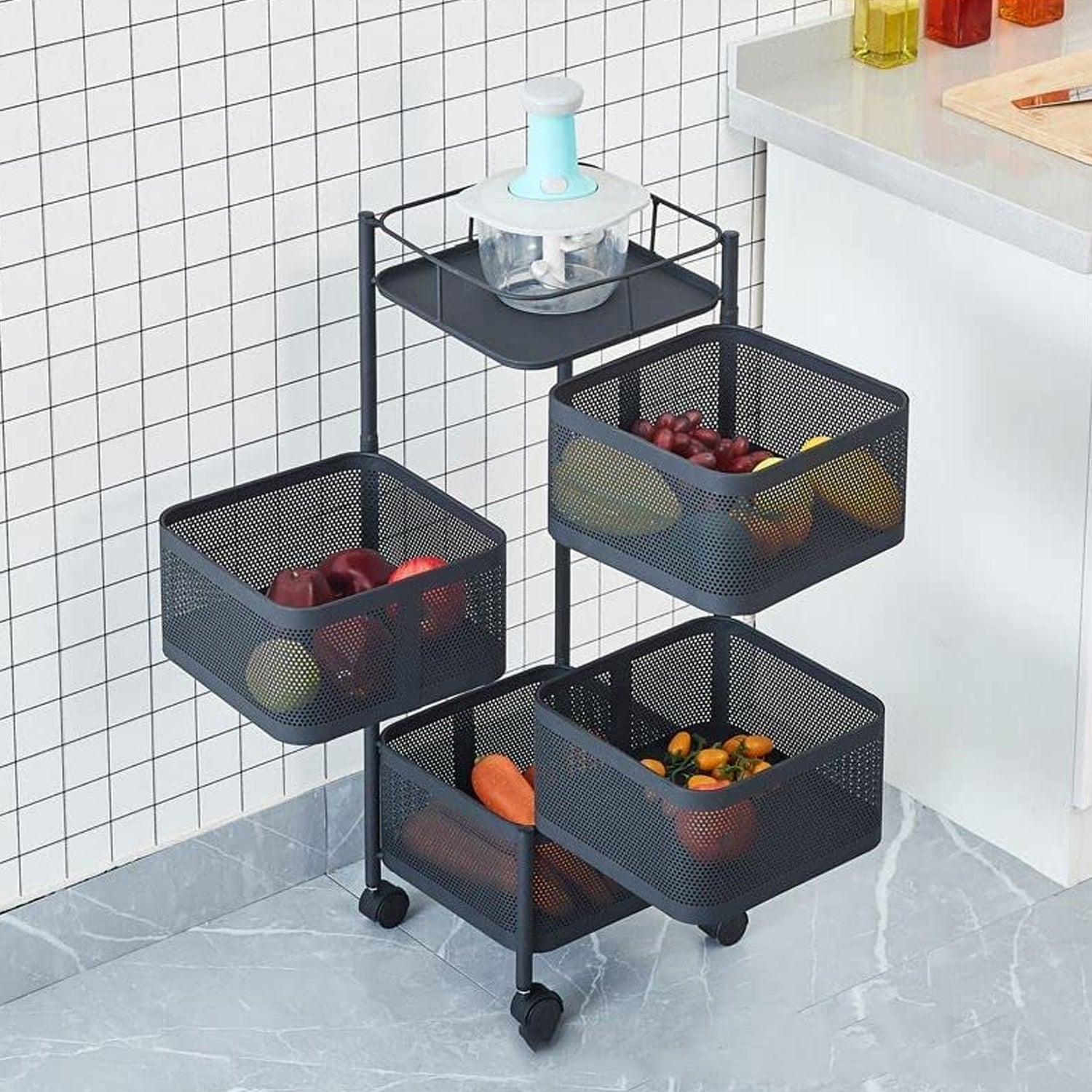 Wukusy metal kitchen trolley with 4-layer square design, wheels, for storing fruits, vegetables, onions, and kitchen accessories.