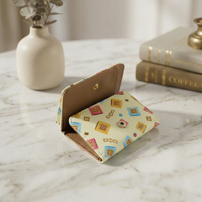 Wukusy compact foldable wallet with multiple card slots and a sleek design, shown open with cash and cards inside.