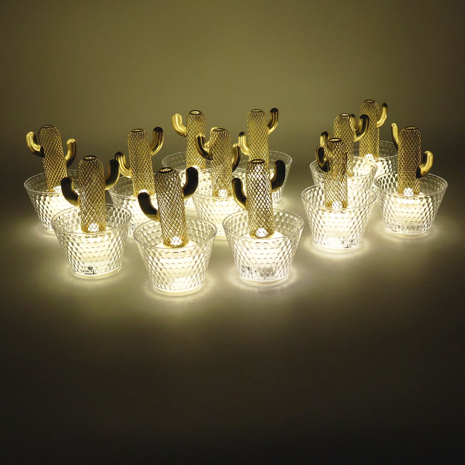 Set of 12 Wukusy decorative cactus-shaped LED tealight candles for home decor, featuring cactus designs and soft glowing lights.