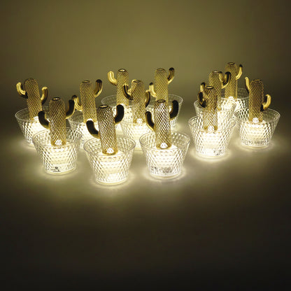 Set of 12 Wukusy decorative cactus-shaped LED tealight candles for home decor, featuring cactus designs and soft glowing lights.