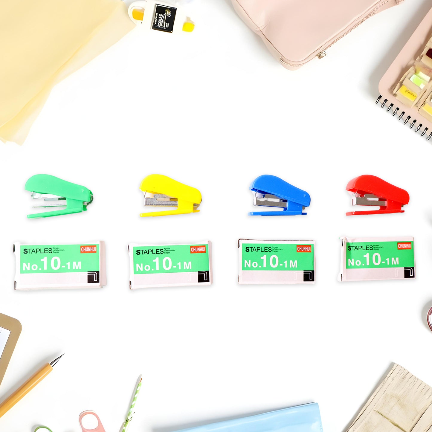 Wukusy mini stapler set with assorted color staplers and 20 pins, compact No.10 staplers for light office or craft use