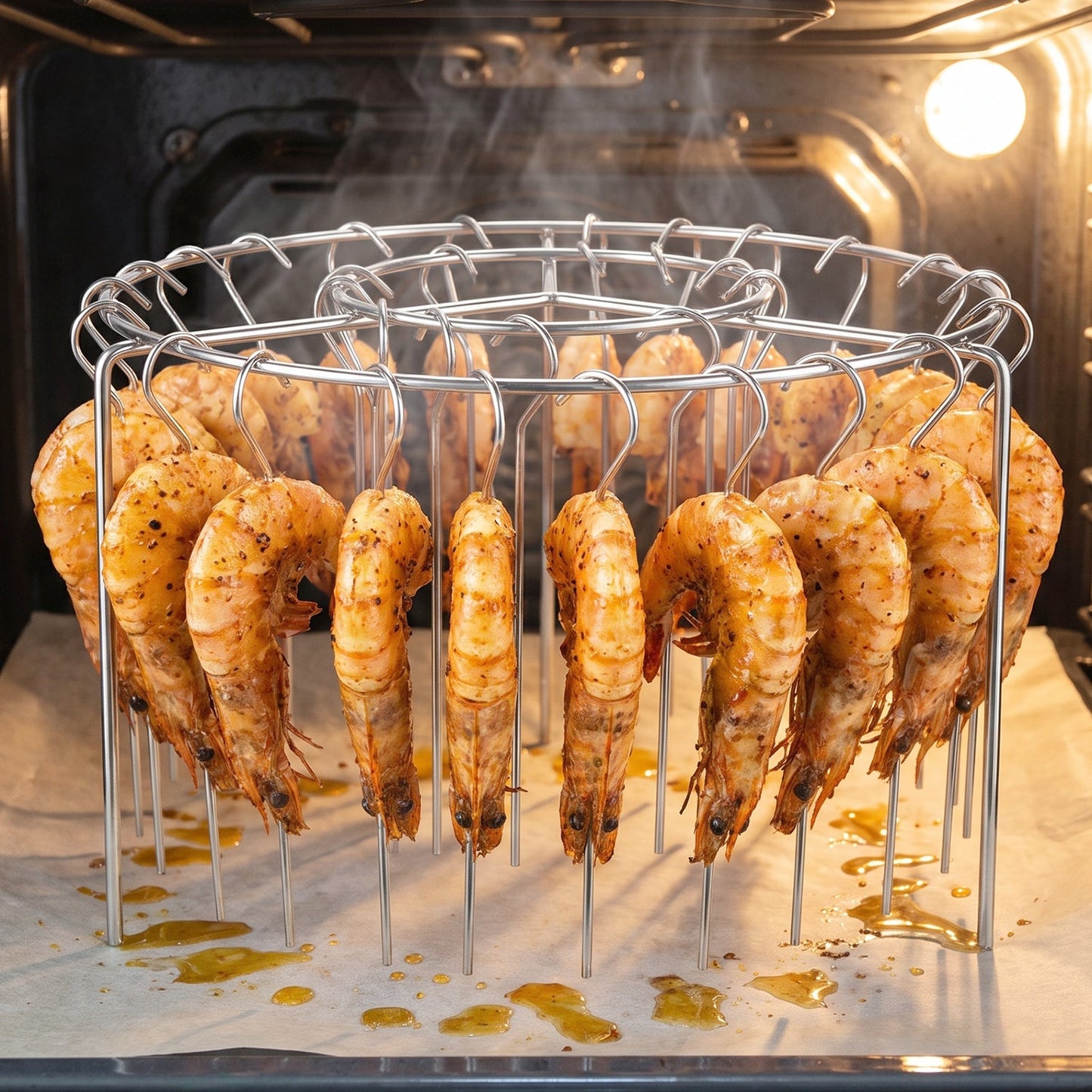 Wukusy stainless steel air fryer skewer stand with six kebab holders for grilling and BBQ skewers in a compact rack.