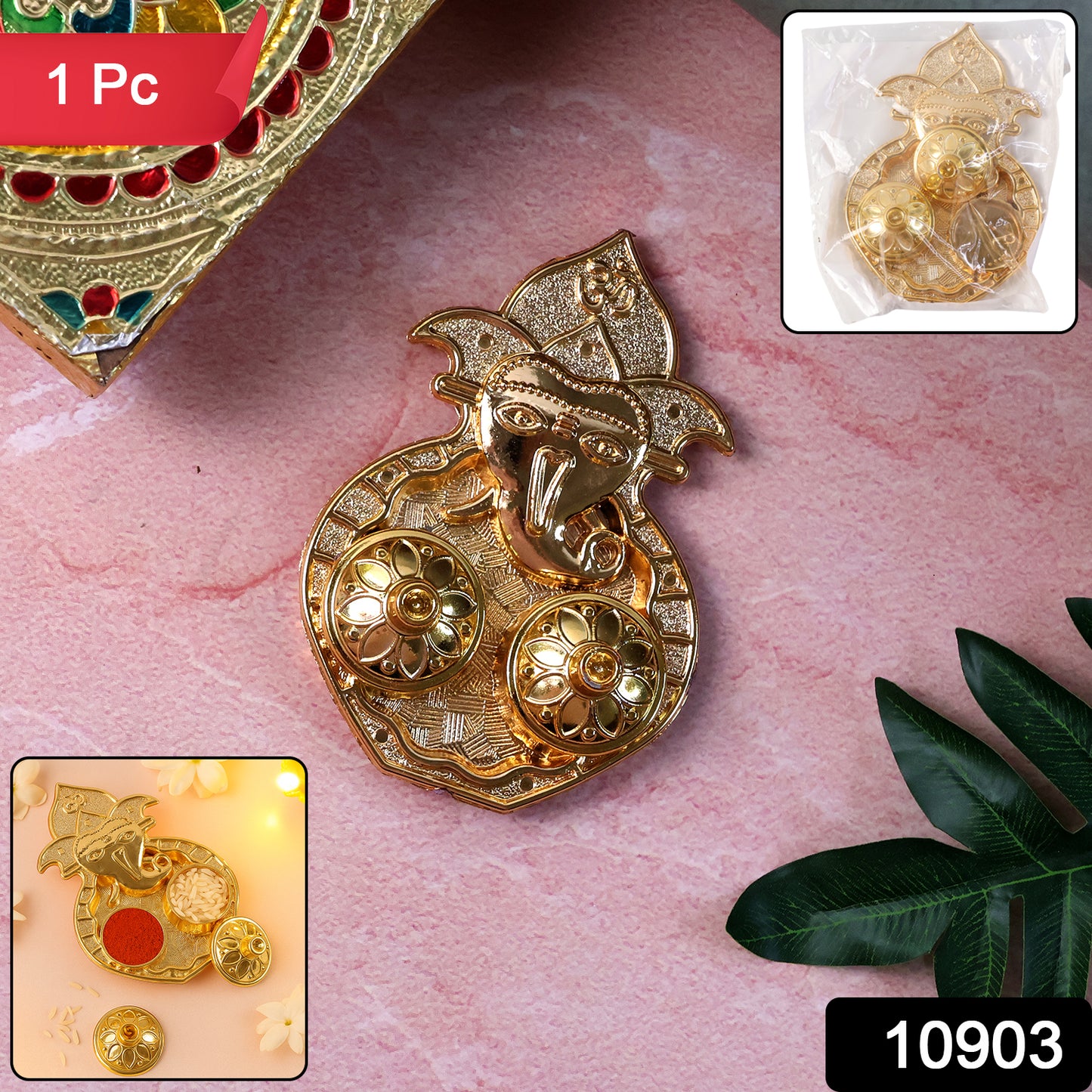 Traditional Golden Lord Ganesha Kumkum Dish from Wukusy, decorative brass home improvement accessory with intricate design.