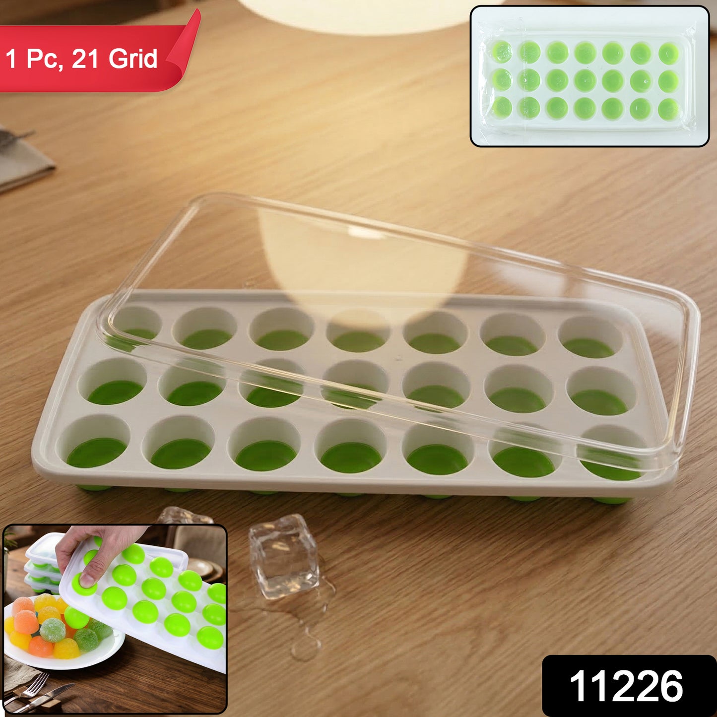 Wukusy 21-grid round plastic ice cube tray with lid, showing the tray filled with round ice cubes in a kitchen setting.