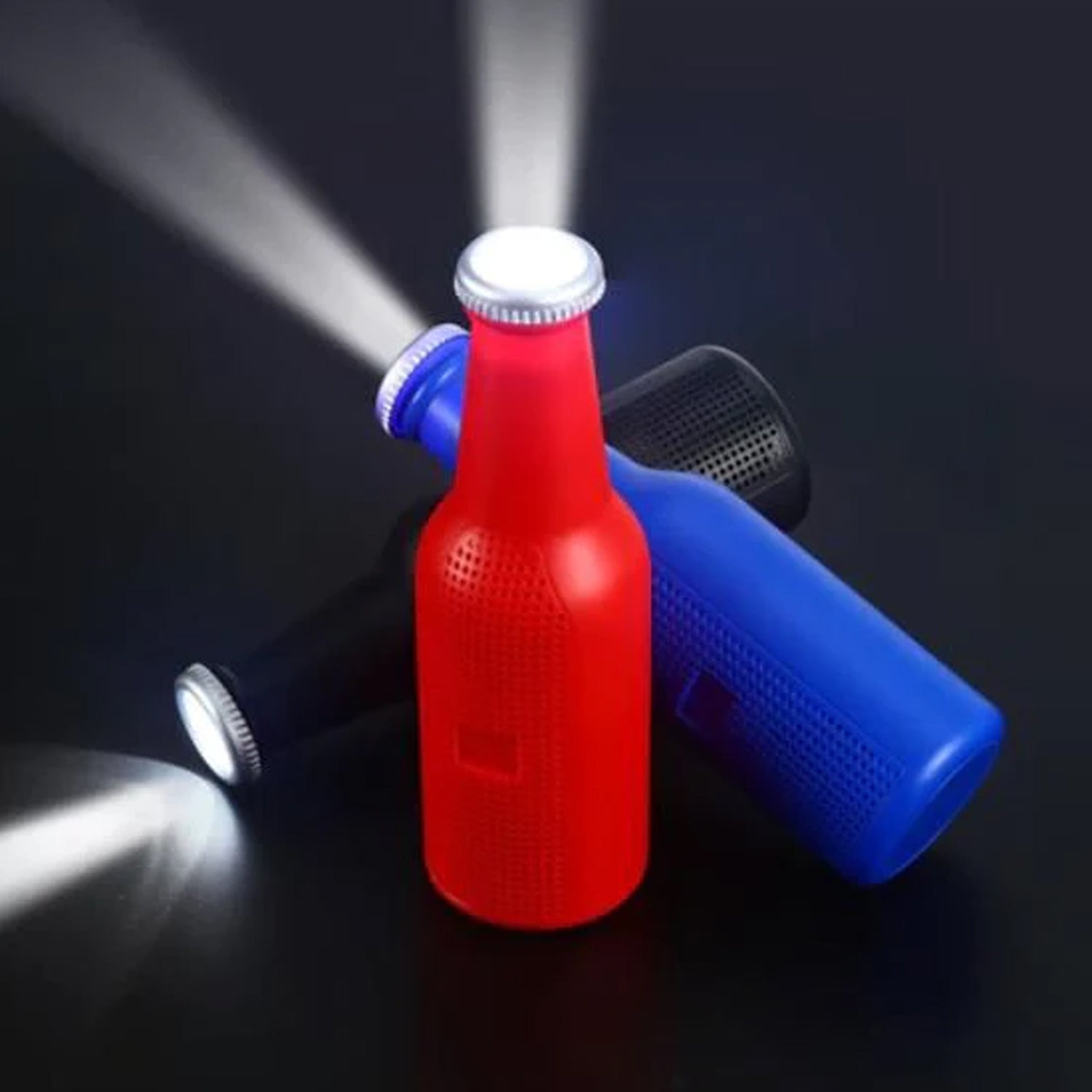 Wukusy 1289 bottle-shaped Bluetooth speaker with deep bass, weatherproof design, USB rechargeable, FM, Aux, SD card support, portable.