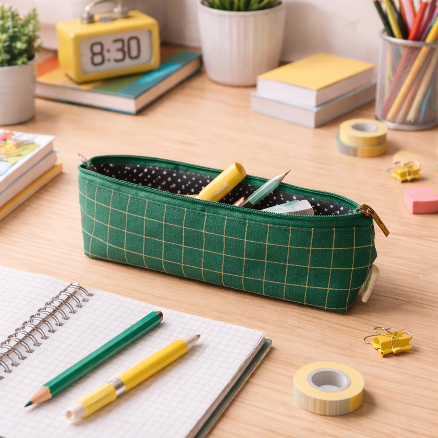 Green grid printed zipper pencil pouch by Wukusy, featuring multiple compartments for organizing pens, pencils, and stationery.