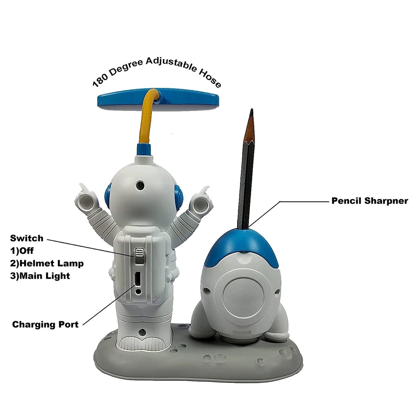 Kids astronaut LED study table lamp with built-in pencil sharpener, featuring a playful astronaut design and bright lighting.