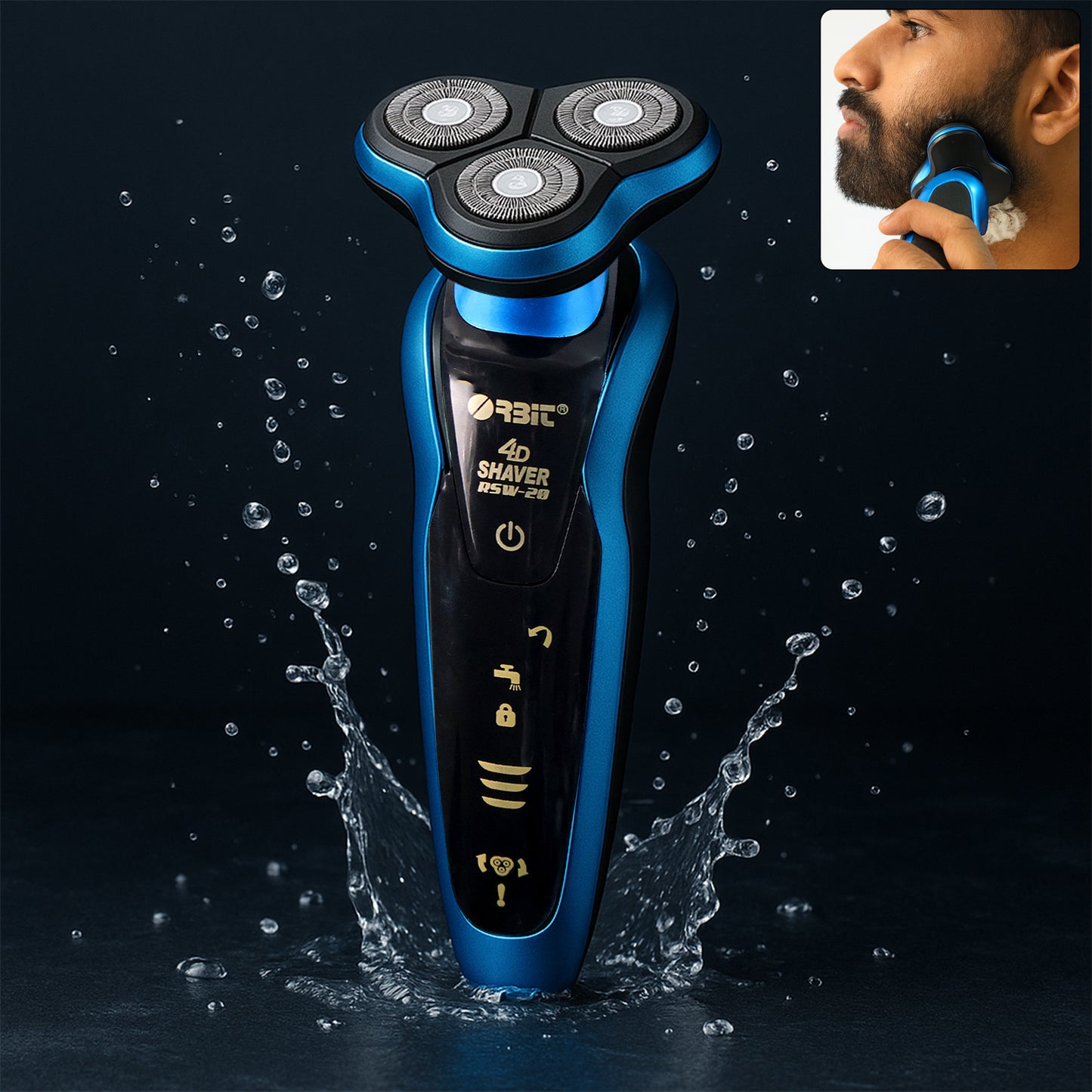 Wukusy Orbit 4D Rechargeable Electric Shaver for men with multiple blades and ergonomic handle, used for close facial shaving.