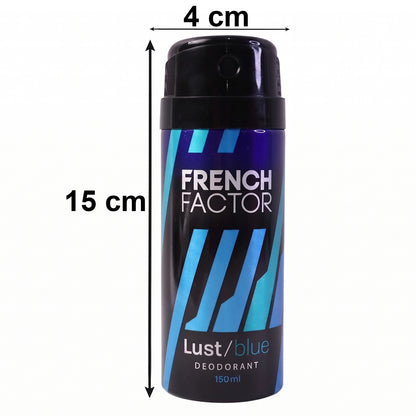 Wukusy French Factor Lust Blue deodorant body spray 150ml bottle with sleek blue design and spray nozzle.