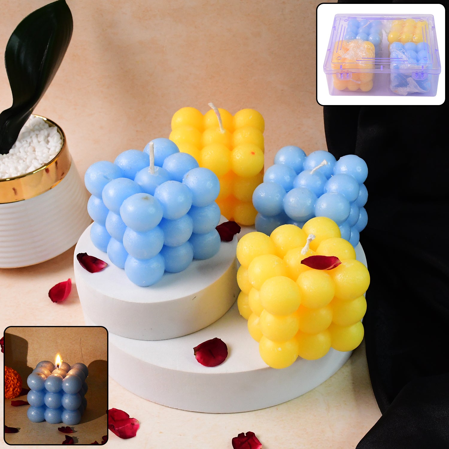 Set of four colorful cube-shaped wax candles by Wukusy, vibrant home decor candles with bright, geometric design.