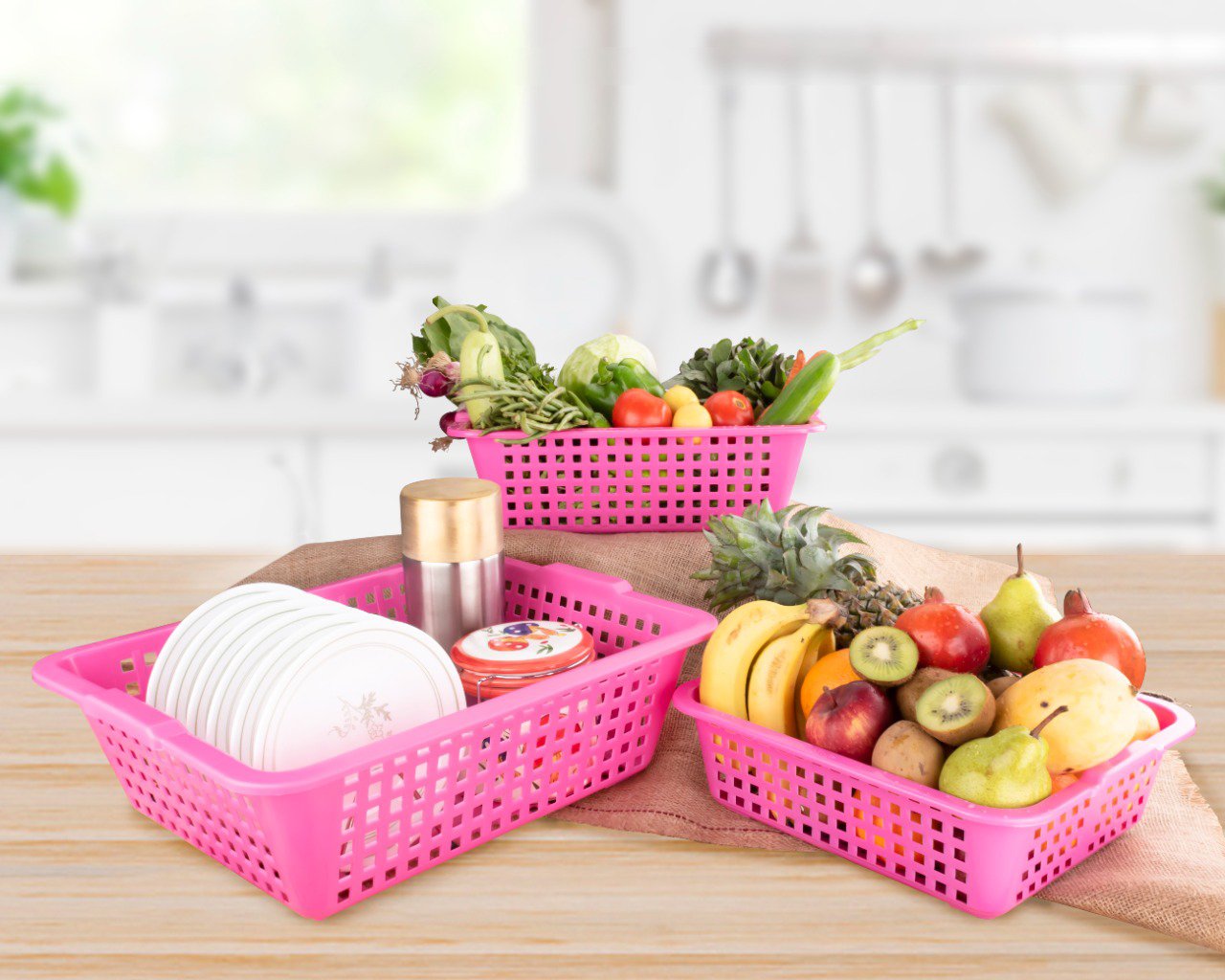 Wukusy plastic multi-size cane fruit baskets in large, medium, and small sizes, ideal for organizing fruits in the kitchen.