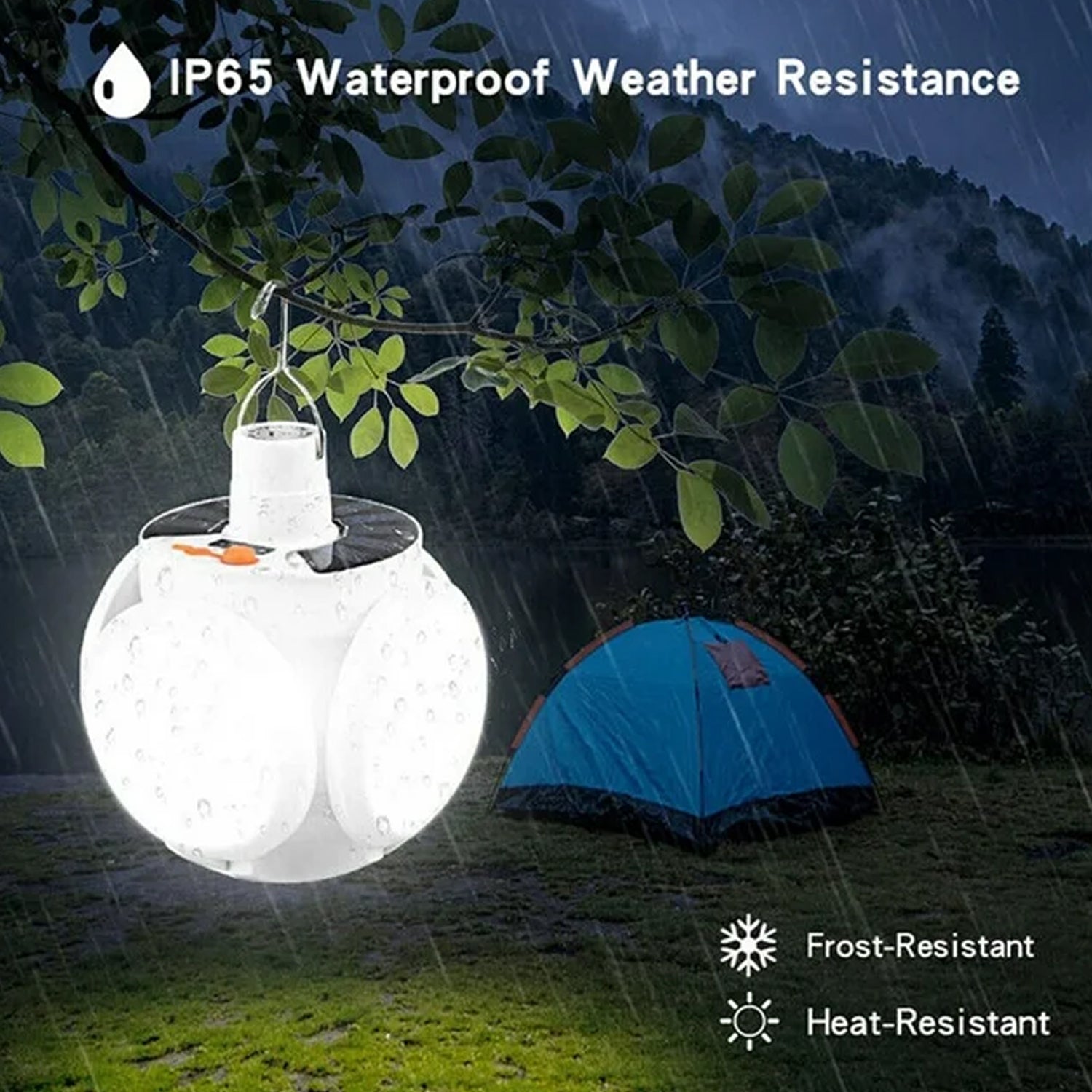 Wukusy 12590 solar multi-functional emergency LED camping lamp with USB charging, foldable, waterproof, and five brightness modes.