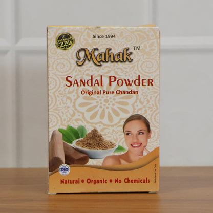 Wukusy Natural Sandal Powder for traditional skincare, 50g, showing the fine light-colored powder in a bowl.