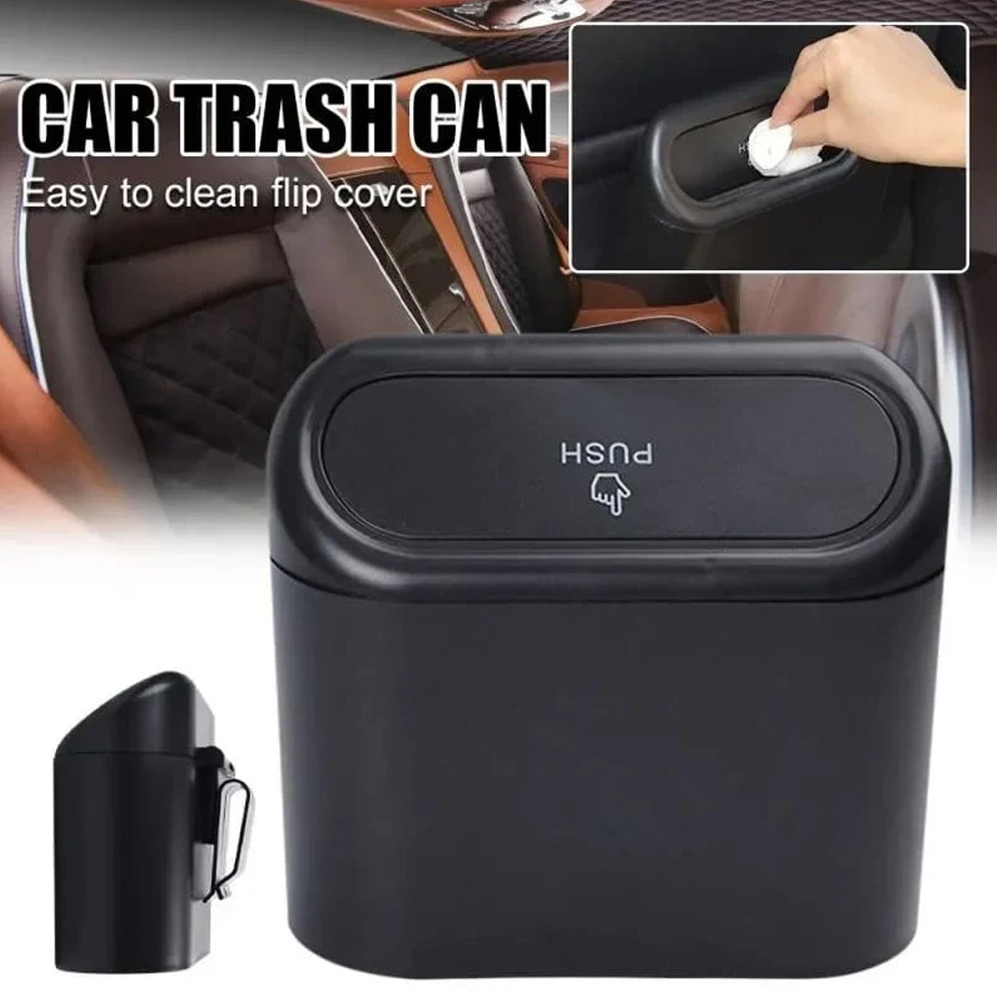 Wukusy mini waterproof car trash can with lid, compact storage bin for car interior organization, in black.
