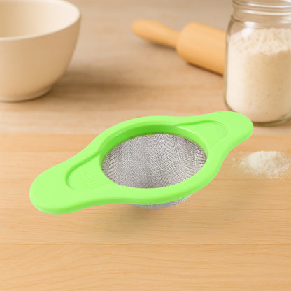 Wukusy stainless steel mesh strainer with dual handle plastic frame for fine sifting and draining in the kitchen.