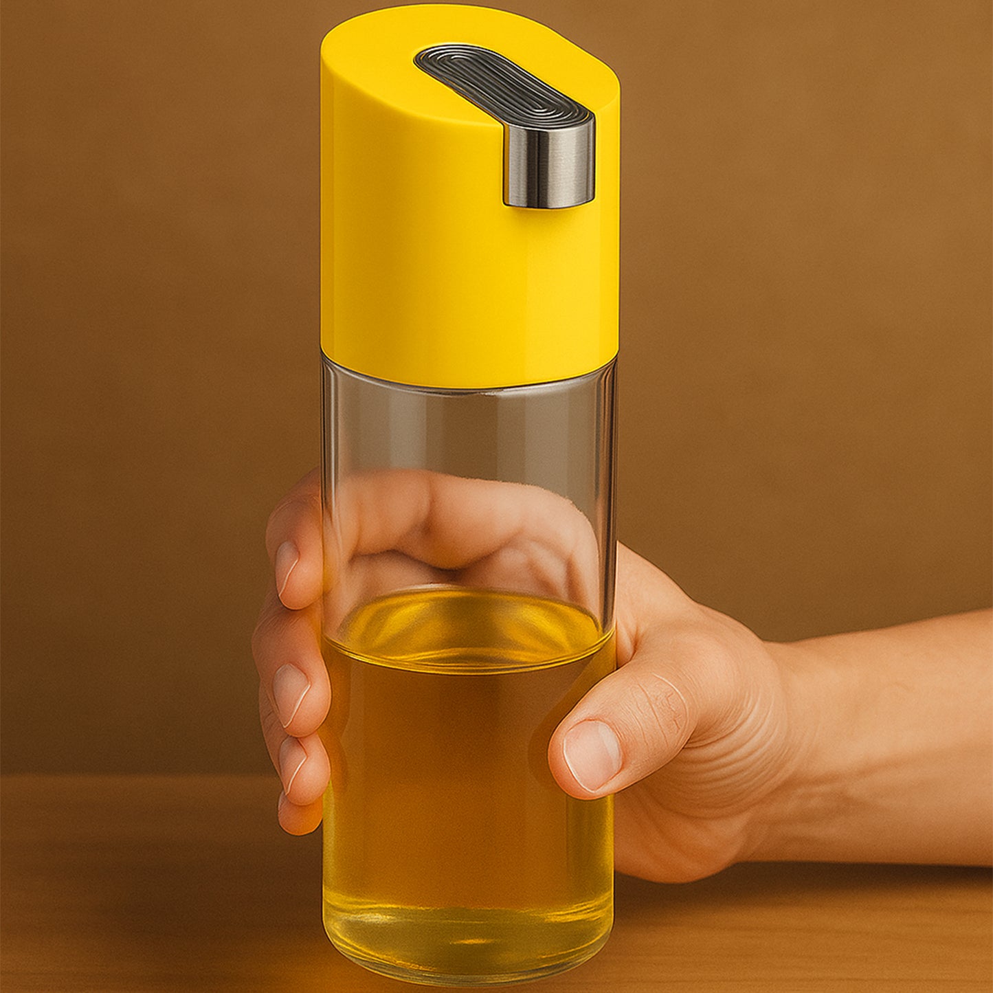 Wukusy 500ml automatic oil dispenser bottle with one-touch controlled pour spout for kitchen use, clear plastic container, clean design.