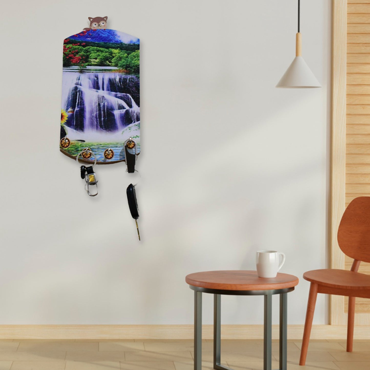Decorative wooden vertical wall hanging with hooks by Wukusy, featuring scenic nature design for home decor.