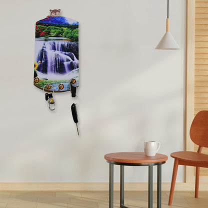 Decorative wooden vertical wall hanging with hooks by Wukusy, featuring scenic nature design for home decor.
