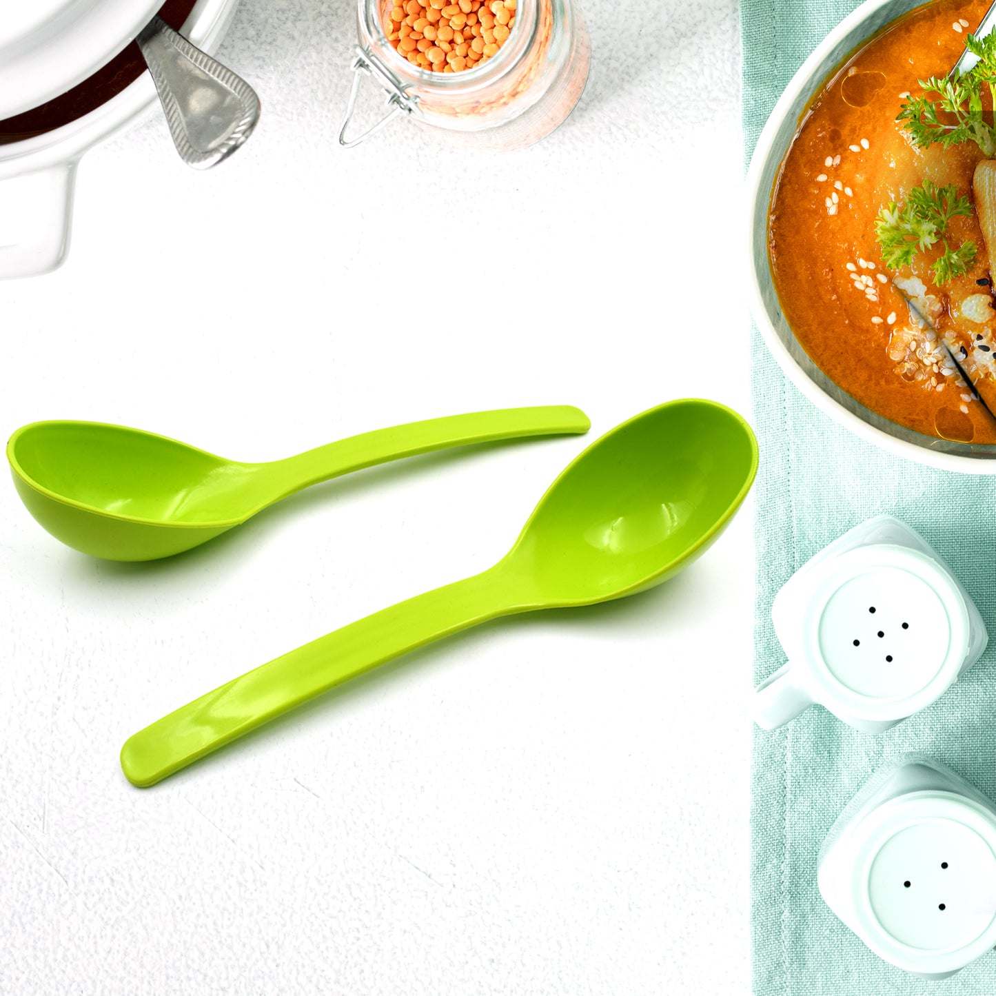 Wukusy 10-inch plastic serving spoons set with two multipurpose kitchen ladles for frying, serving rice, curry, and food portions