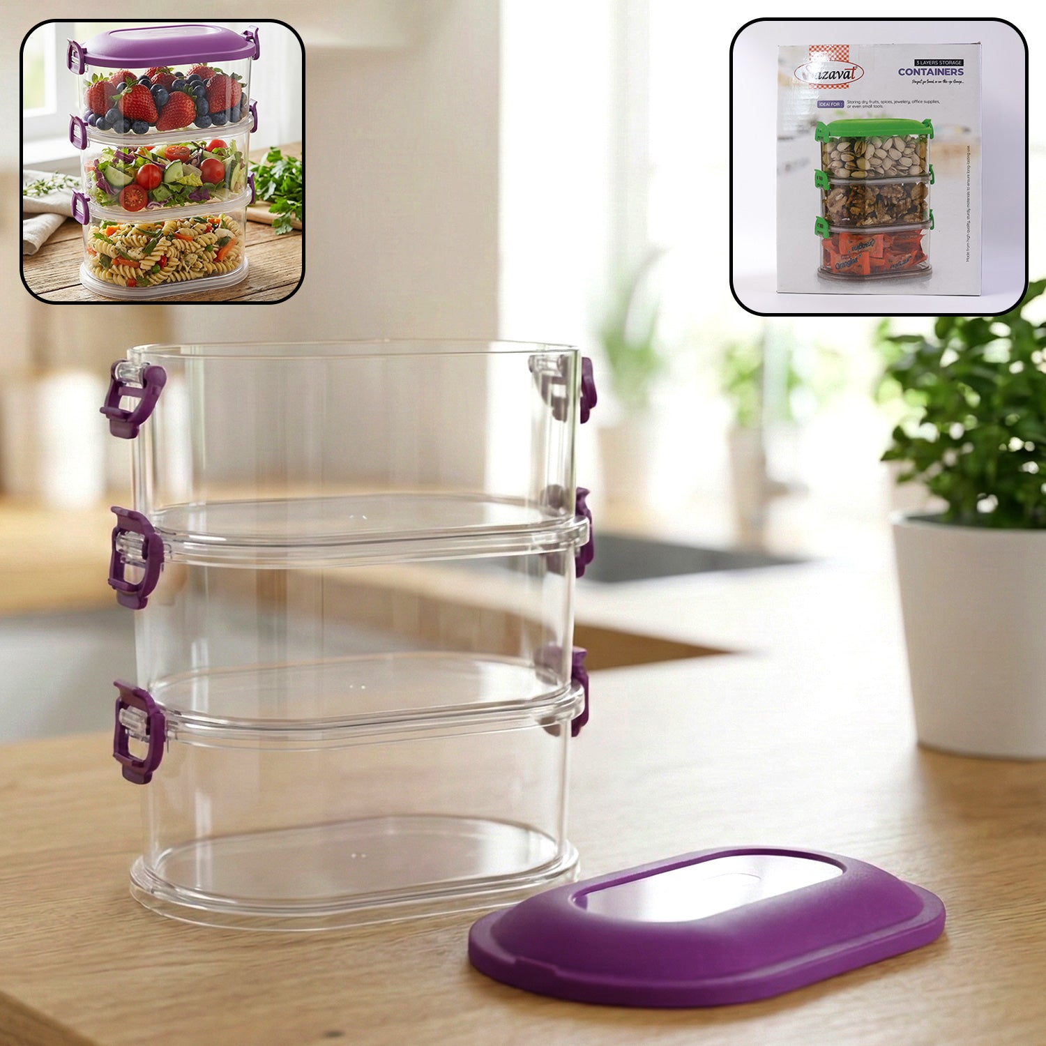 Wukusy 3-layer stackable airtight food storage container set with transparent lids and compartments for organized kitchen storage