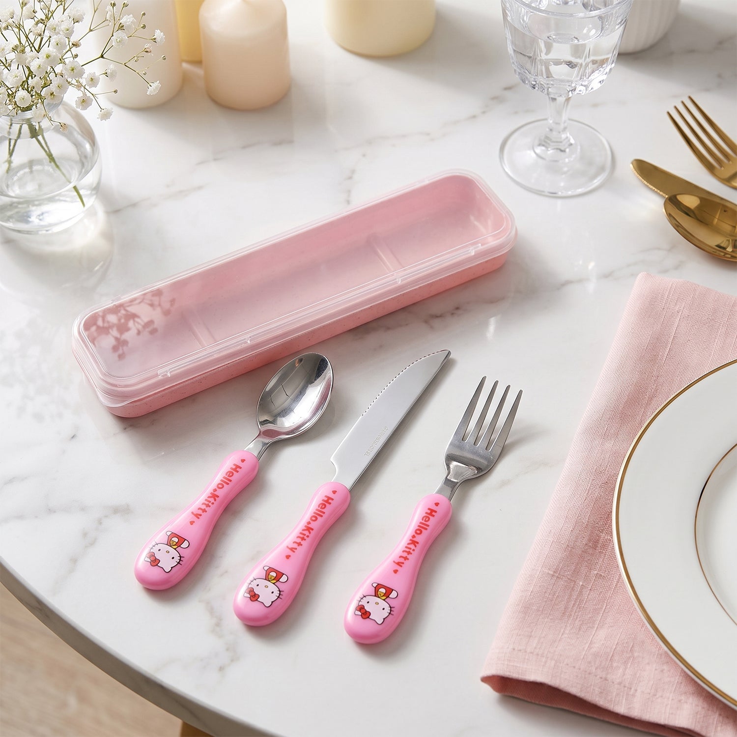 Wukusy 3-in-1 kids cutlery set with case featuring a spoon, fork, and knife designed for children, displayed with utensils inside case