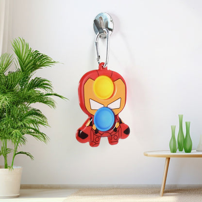 Wukusy Iron Man shape keychain pop it toy featuring superhero design, colorful silicone fidget toy for kids and collectors.