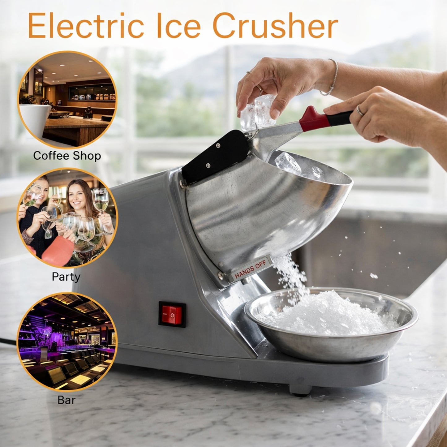 Wukusy electric ice crushing machine with stainless steel bowl for quick, efficient ice crushing in a sleek kitchen appliance setting.