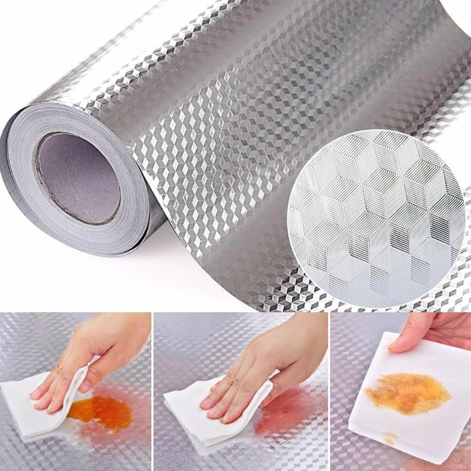 Wukusy aluminium foil paper roll for kitchen wrapping, food storage, cooking, and baking, shown unrolled on a kitchen counter.