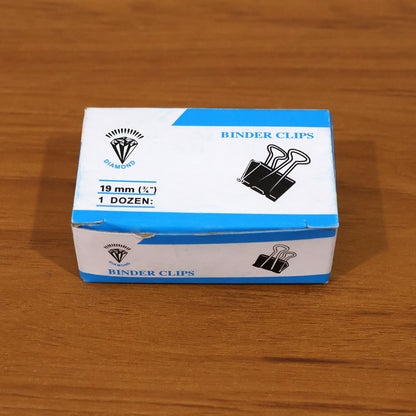 Set of six black metal binder clips, 19 mm size, from Wukusy, arranged on a white background for office or school organization.