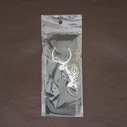 Wukusy Krishna Flute peacock feather metal keychain, decorative accessory with intricate design and vibrant feather detail.