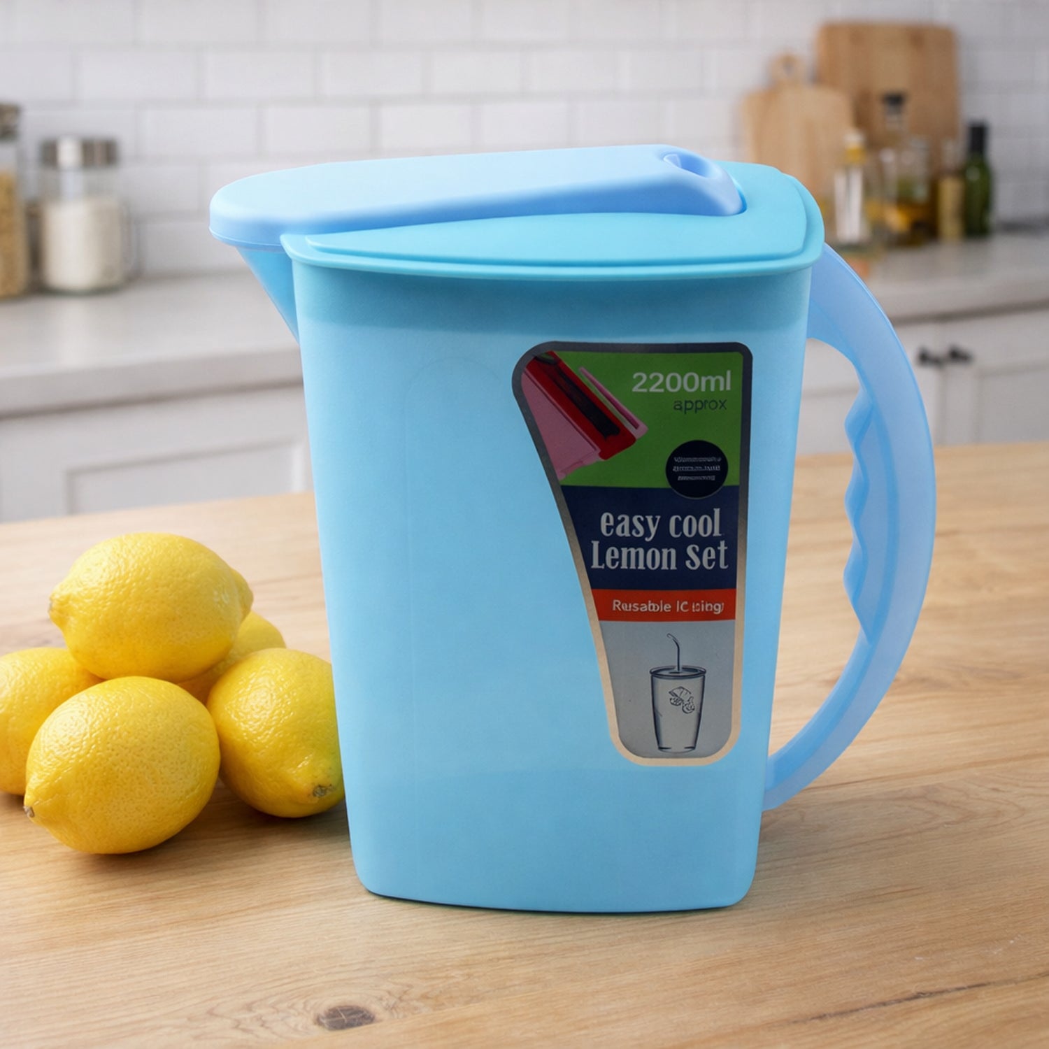 Wukusy Easy Cool Lemon Set water jug with lid and handle, 2200 ml capacity, clear plastic with lemon design
