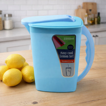 Wukusy Easy Cool Lemon Set water jug with lid and handle, 2200 ml capacity, clear plastic with lemon design