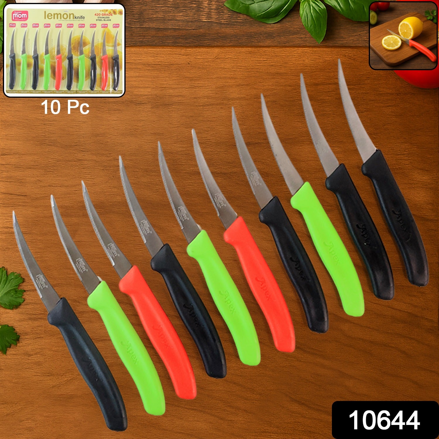 Wukusy Supermom stainless steel lemon knife set with six knives designed for kitchen use, featuring sleek handles and sharp blades.