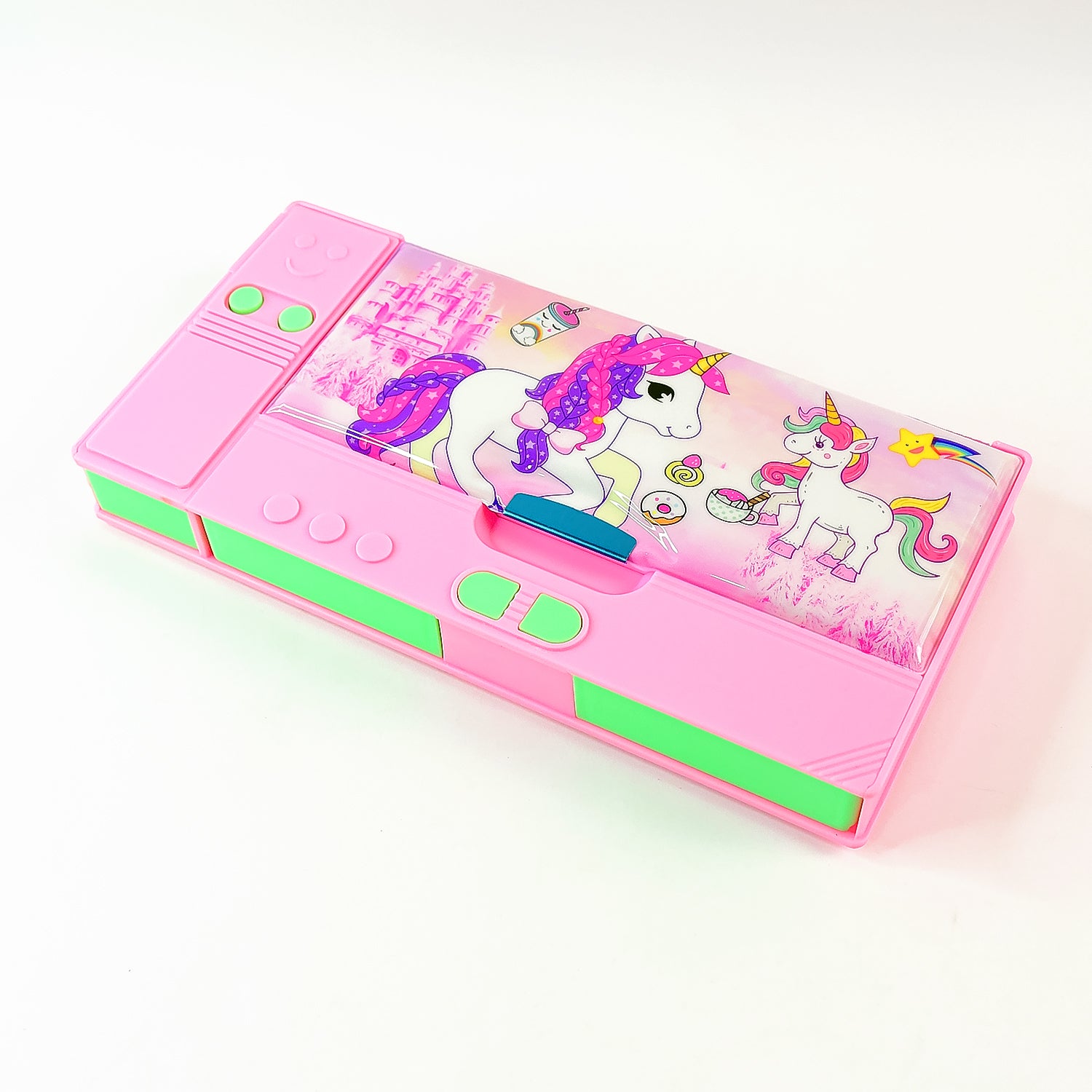 Wukusy jumbo multi-purpose gadget pencil box with compass, calculator, and side slots, ideal for school and travel use.
