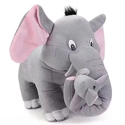 Ekom grey plush toy set featuring a mother elephant with two baby elephants, soft stuffed animal toys for children.