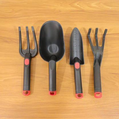 Wukusy 4-piece garden hand tool set including trowel, transplanter, weeder, and cultivator with wooden handles and metal tips.