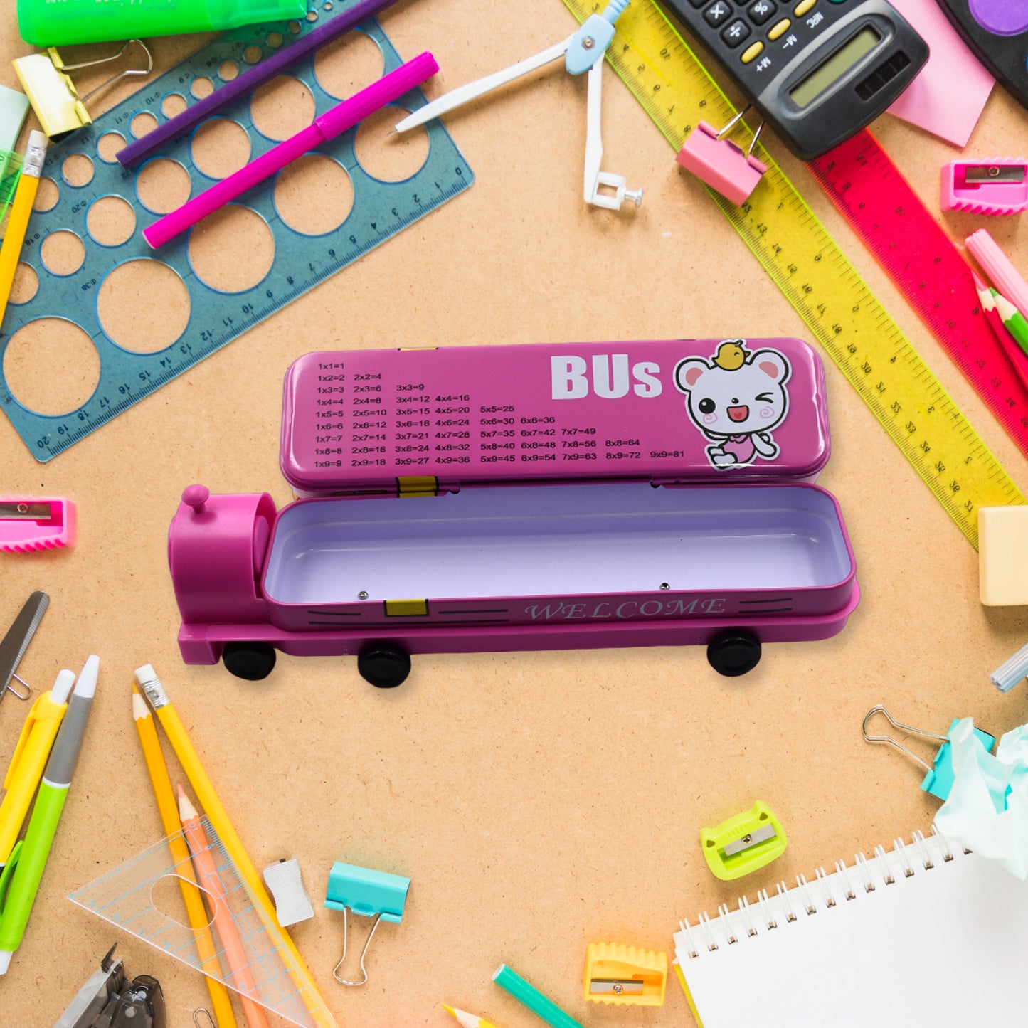 Wukusy Double Decker Magic Bus metal pencil case with movable wheels and sharpener, featuring two tiers and a bus shape for kids.