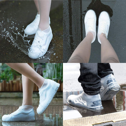 Pair of white waterproof silicone shoe covers by Wukusy, medium size, protecting footwear from rain and moisture.