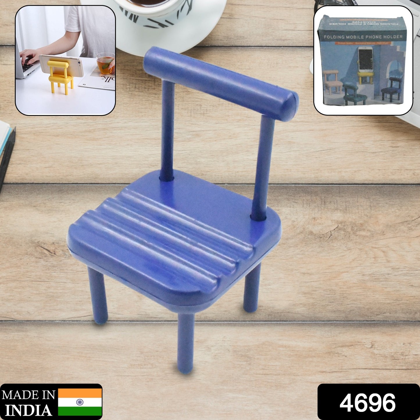 Wukusy portable mini chair phone holder standing on a desk, compatible with all smartphones, designed for stable desktop use.